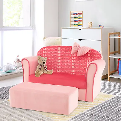 Kids Double Sofa With Footstool 2 Seat Armrest Chair Lounge Soft Velvet Pink • $85.59