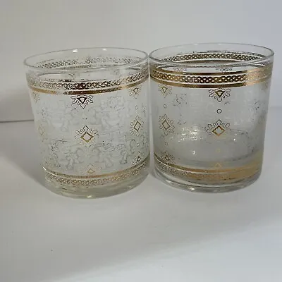 VTG 60s Cera MCM Lowball Rocks Cocktail Glasses Gold Trim White Design • $24