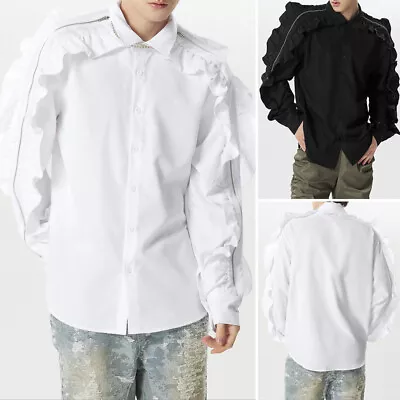 Mens Ruffled Flared Zipper Open Tops Shirt Long Sleeve Party Club Shirts Blouse • £21.84