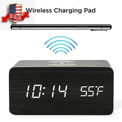 Modern Wooden Wood Digital LED Desk Alarm Clock Thermometer Qi Wireless Charger • $14.99