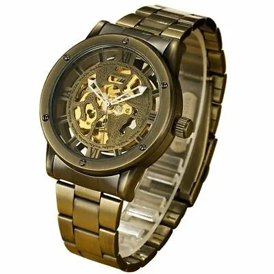 Men's Self-winding Watches Stainless Steel Mechanical Skeleton Auto Wrist Watch • £18.99