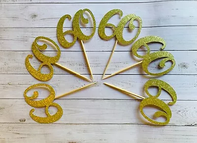 60th Birthday Gold Glitter Cupcake Toppers Number 60 Cake Decorations Picks • £3