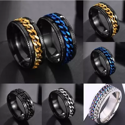 Anxiety Spinner Rings Mens Fidget Ring Rotating Stainless Steel Jet Black Women • $7.49