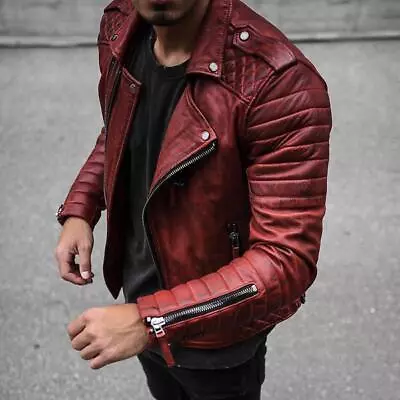 Mens Lapel Collar Slim Fit Zipper Jacket Motorcycle Pu Leather Biker Coats Tops • $63.99