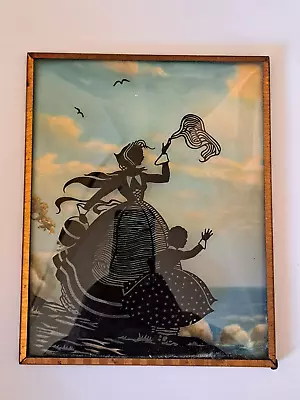 Vintage Convex Silhouette Reverse Painting On Glass Mother And Daughter Waving • $18.99