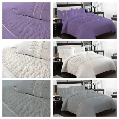 Embellished Lace Ruffled Panel Duvet Quilt Cover Set Pleated Polycotton Bedding • £21.50