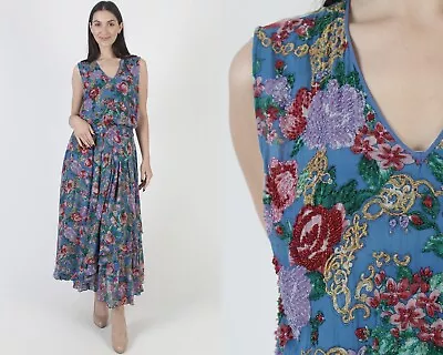 Vtg 80s Designer Beaded Diane Freis Dress Sil Tank Fres Georgette Dress M L • $82