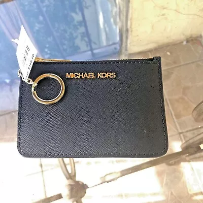 Michael Kors Jet Set Travel Sm Coinpouch Id Holder Leather Wallet Black/gold • $41.80