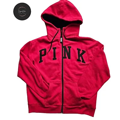 Victoria’s Secret Pink Faux Fur Lined Red Black Zip Up Hoodie Sweater Medium • $26