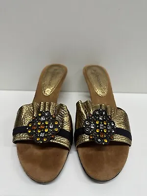 Enzo Angiolini Women Size 8M Beaded Slides Slip On Heel Gold Leather Sandals • $18