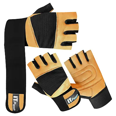 £4.74 • Buy Leather Weight Lifting Gloves Gym Training Body Building Gloves Long Straps