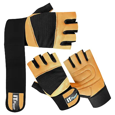 Leather Weight Lifting Gloves Gym Training Body Building Gloves Long Straps • £3.79