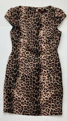 Miss Sixty M60 Leopard Dress 4 Cap Sleeve Tulip Lined Animal Zip Tan Black Piped • $32.50