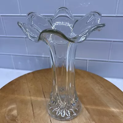 Vintage MCM 1940-50’s BEAUTIFUL Ruffled Clear GLASS FLOWER Vase 9x6.5” • $39.99