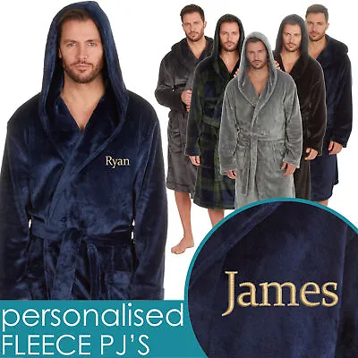 Personalised Mens Hooded Dressing Gown Plush Fleece Robe Classic Bathrobe M-5XL • £22.99