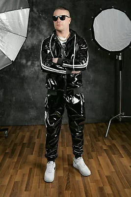 Men's PU Leather Tracksuit Coat Jacket Trousers Jogging Pants Sports Hoodie Set • $49.81