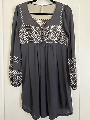 Monoreno Women Boho Dress Stone Gray Embroidered Aztec Tunic Mini Sz Medium • $15