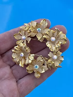 Vintage Austria Enameled Gold Tone AB Rhinestone Floral Wreath Brooch Signed • $19.99