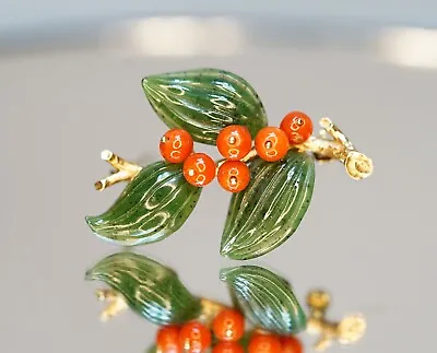 19c. Imperial Faberge 14K Gold Brooch Berry Branch Red Coral Siberian Nephrite • $2656.50