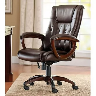 Brown Leather Executive Mid-Back Manager's Office Chair Computer Chair With Arms • $247.46