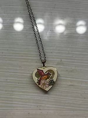 Vintage Cloisonné Colorful Heart  Bird Pendant Necklace • $19.99