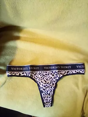 Victoria Secret Animal Print Champaign/Black Logo Thong Panty Size S  NWT  • $4