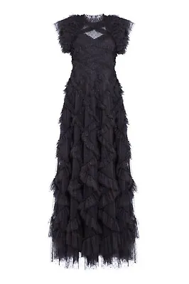 PRELOVED Needle &Thread Black GENEVIEVE GOWN Maxi Dress UK18 US14 Long • £300