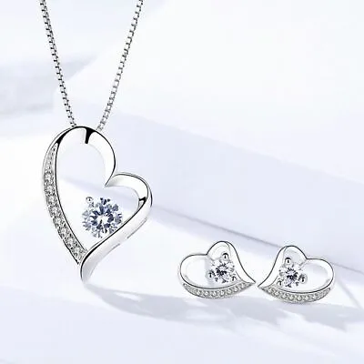 925 Sterling Silver Crystal Heart Pendant Necklace Stud Earrings Womens Gift  • £3.49