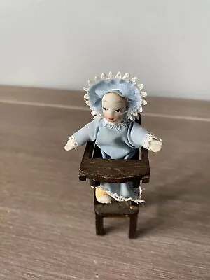 Vintage White Miniature Dollhouse  Wooden Highchair With Baby • $8.03