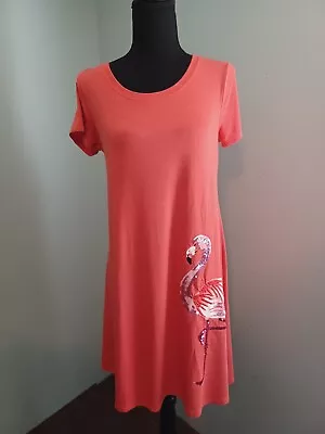 Cupio T-Shirt Dress Size M Beachy Orange Sequins Flamingo Short Sleeve Stretchy • £14.46