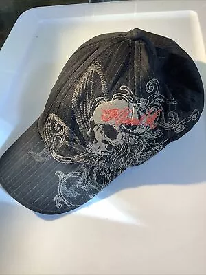 Miami Ink Fitted Black Hat Cap Embroidered Skull Men's One Size Fits Pin Stripe • $12