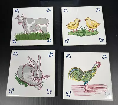 Vintage 4 Pcs Farm Animal Tile Trivet Set W/Original Box • $17.99