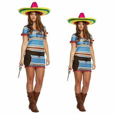 Womens Mexican Girl Striped Costume Sombrero Western Fancy Poncho Dress UK 8-12  • £8.99