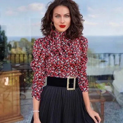 Zara Women's M Blogger Favorite Satin Floral High Neck Blouse Black Red • $49.97