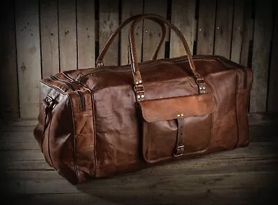  Men's Large Duffel Genuine Vintage Leather Travel Bag Brown Luggage Weekend Gym • $67.49