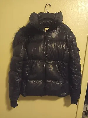 S13 Juniors Blue Black Puffer Down Coat/ Fur Trimmed Hood Size Large/snow/winter • $29.99