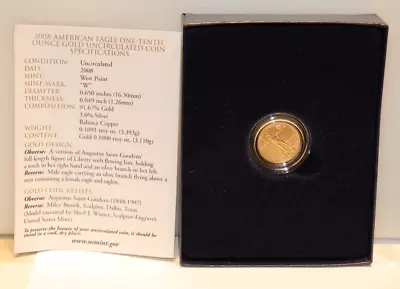 2008-W $5 1/10 Oz Gold American Eagle Coin - Burnished - OGP COA - • $2.25