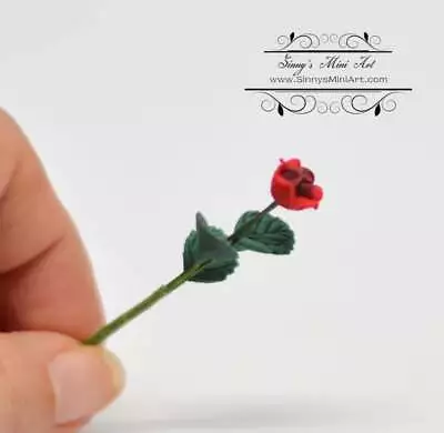 1:12 Dollhouse Miniature Single Red Rose With Leaves BD E2011 • $2.45