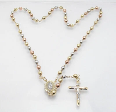 $1341 • Buy 5mm 20  Guadalupe Medal Cross Rosary Chain Necklace Real 10K TriColor Gold 