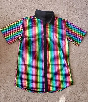 JOGAL Disco Metallic Sequin Rainbow Nightclub Short Sleeve Shirt SMALL. Perfect! • $29.29