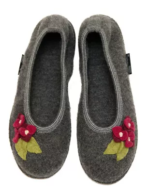 HAFLINGER Hortus Flower Slipper Anthrazit Gray With Purple Wool Felt Germany New • $59