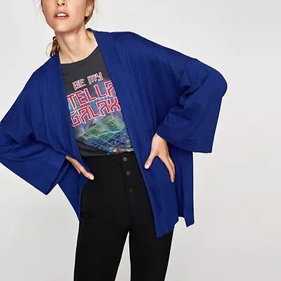 Zara Kimono Style Blazer Open Front Blue Knit Top Womens Size M Pockets • $28.49