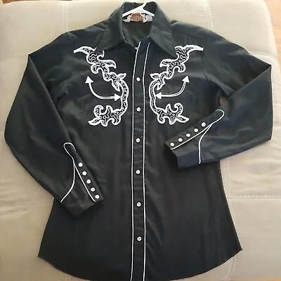 Vintage H BAR C California Ranchwear Pearl Snap Shirt Mens S Black Embroidered  • $79.99