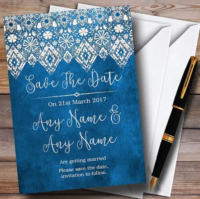 Vintage Blue Old Paper & Vintage Lace Personalised Wedding Save The Date Cards • £9.99