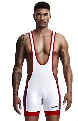 Mens Tauwell Wrestling Singlet Bodysuit Red White Blue Medium • $39