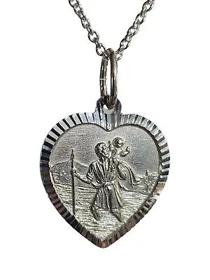 St Christopher Necklace Heart Pendant 925 Silver  18  Chain Travel Protection • £19.95