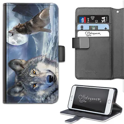 Wolf Phone Case;PU Leather Side Flip Phone Cover With Moon Wolf Dog Animal • £13.99