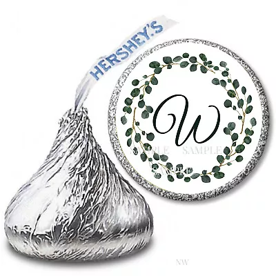 108 Personalized Hershey Kiss Favors Eucalyptus Monogram Greenery Candy Wrappers • $5.10