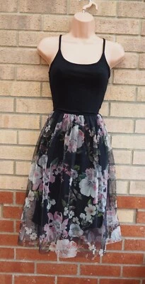 £11.99 • Buy Topshop Black Pink Floral Tulle Strappy Cami Skater A Line Princess Dress 6