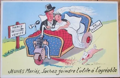 French 1950s Postcard Married Couple In Motorcycle Tricycle Bed Artist Signed • $7.99